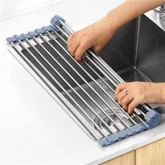 Over the sink roll up dish drying rack stainless steel foldable kitchen mat - Picture 1 of 6